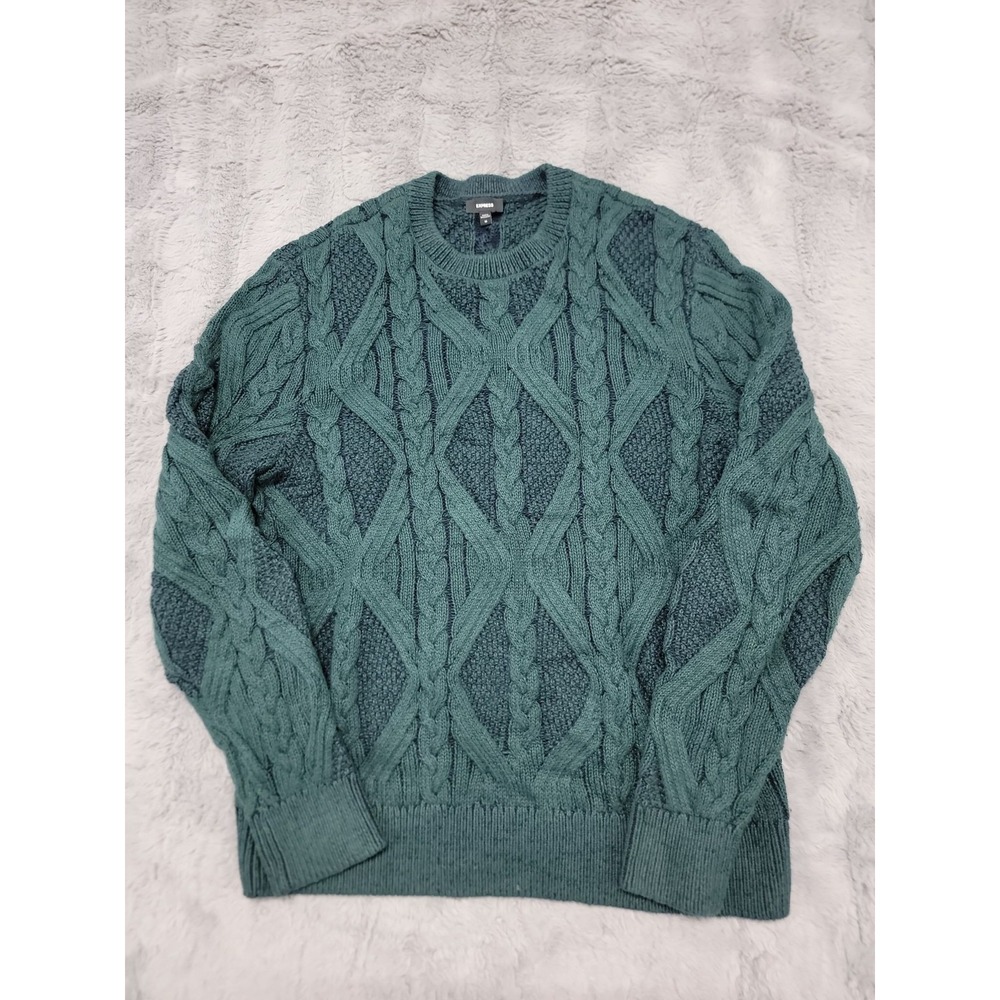 Express Sweater Mens Medium Green Cotton Chunky Cable Knit Crewneck Pullover